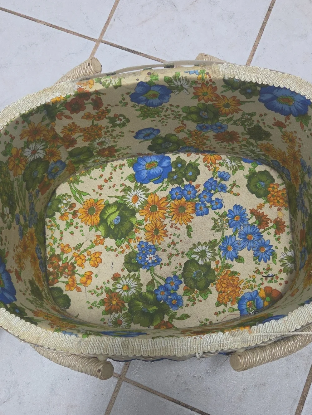Vintage 1970s Floral Wicker Sewing Basket Double Handle Double Lid Mid Century